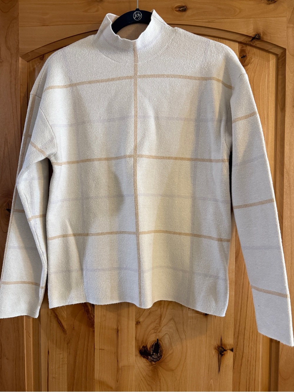 Anthropologie Cream Sweater with Tan Windowpane Lines